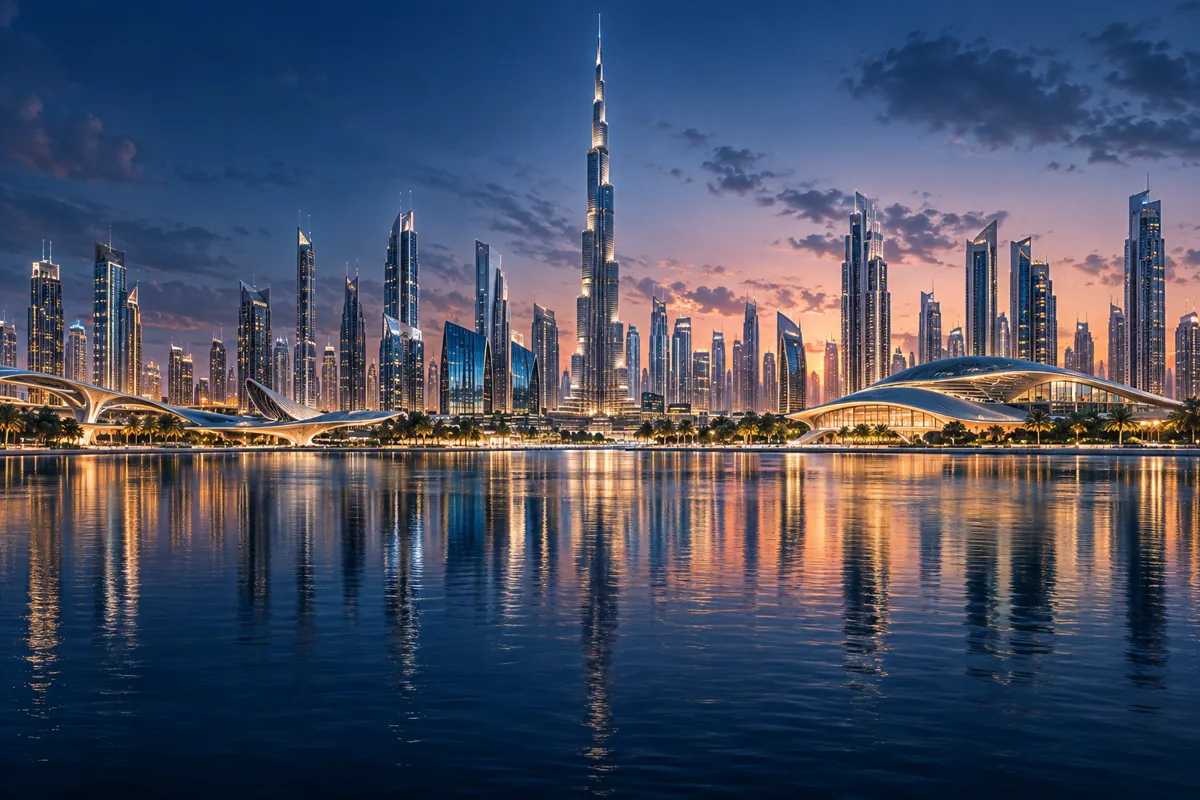 Vision of future Dubai with Burj Khalifa and a sustainable waterfront skyline