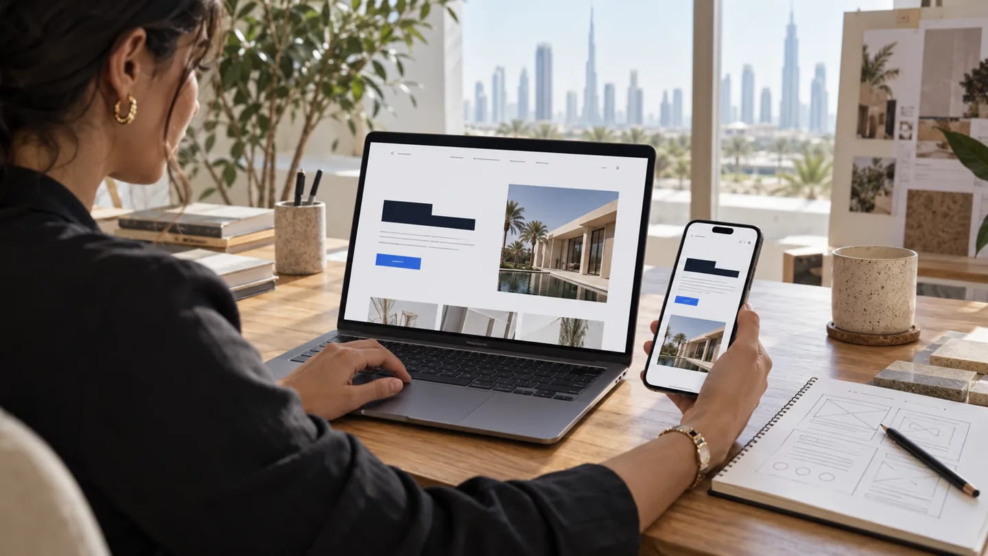 تصميم صفحات الهبوط في دبي: تخطيط توضيحي على الحاسوب والهاتف