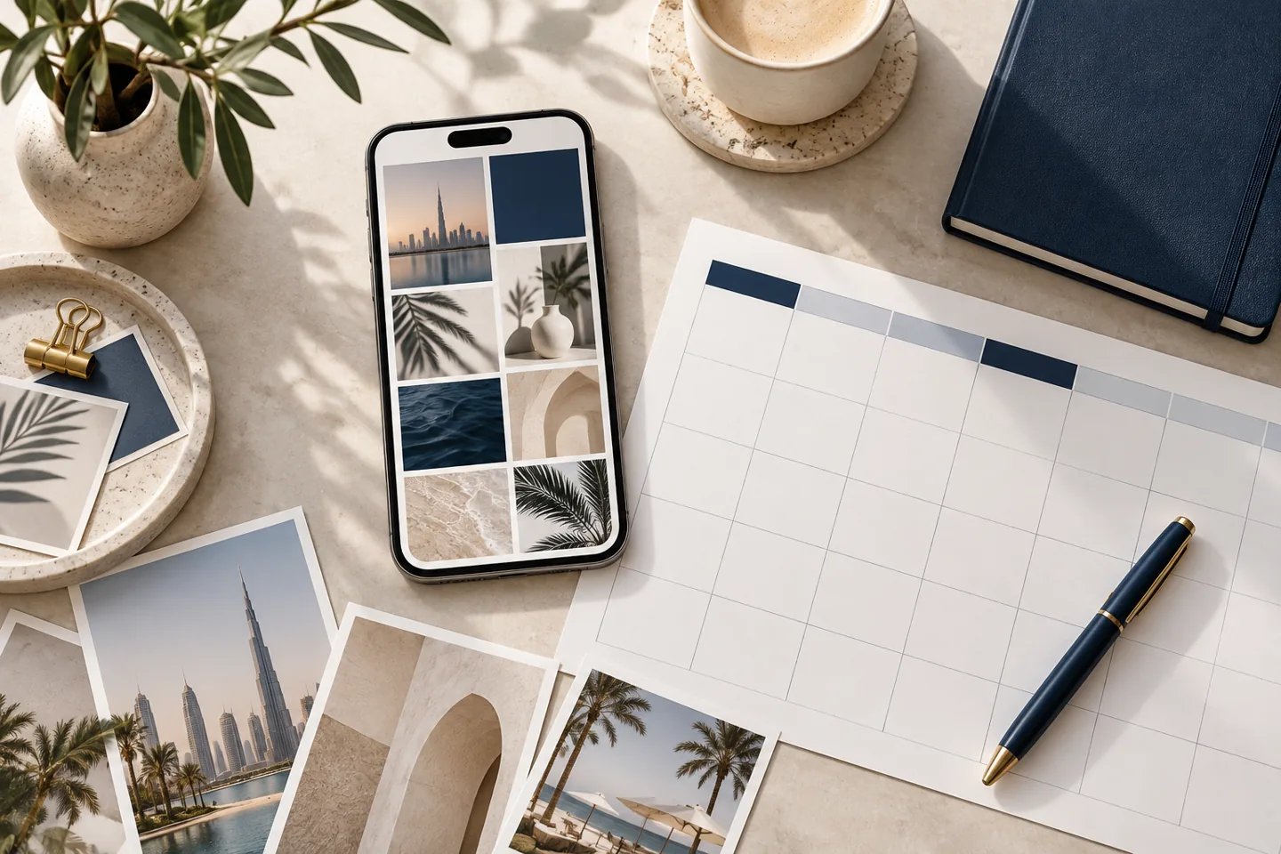 Conceptual planning desk for social media management in UAE with a phone and content calendar